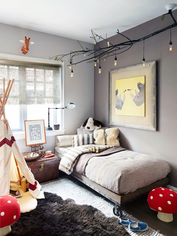 This is an example of a mid-sized eclectic gender-neutral kids' bedroom for kids 4-10 years old in New York with brown walls, medium hardwood floors and brown floor.