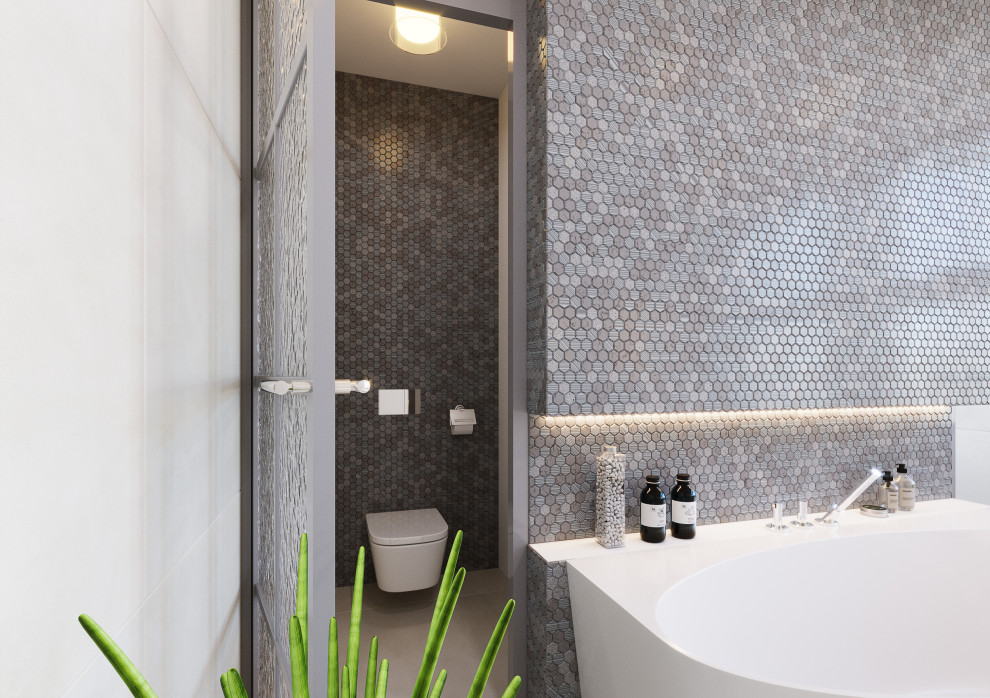 Large contemporary grey and white shower room bathroom in Berlin with white cabinets, a built-in bath, a corner shower, a wall mounted toilet, grey tiles, grey walls, porcelain flooring, a built-in sink, marble worktops, white floors, an open shower, white worktops, double sinks and a built in vanity unit.