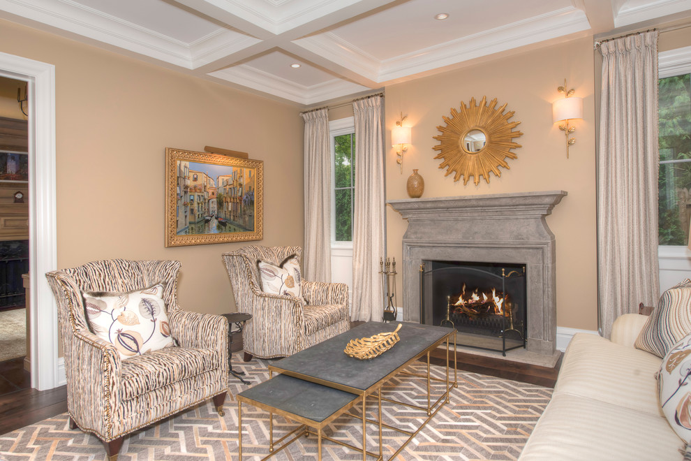 Mid-sized transitional formal and enclosed dark wood floor and brown floor living room photo with brown walls, a standard fireplace, a stone fireplace and no tv