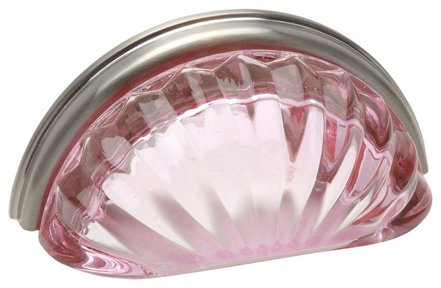 Cabinet Cup Pull, Base, Satin Nickel, Glass, Pink, Set of 10