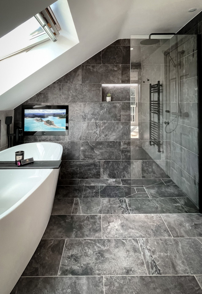 Luxurious Loft Bathroom with Freestanding Tub and Skylight Design