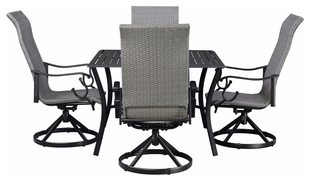 Outdoor 5 pc Aluminum and Wicker Swivel Rocking Patio Dining Set, Black
