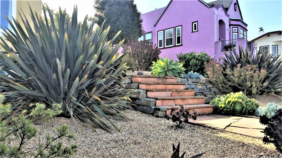 Идея дизайна: осенний засухоустойчивый сад среднего размера на переднем дворе в средиземноморском стиле с пустынными растениями, полуденной тенью и покрытием из каменной брусчатки