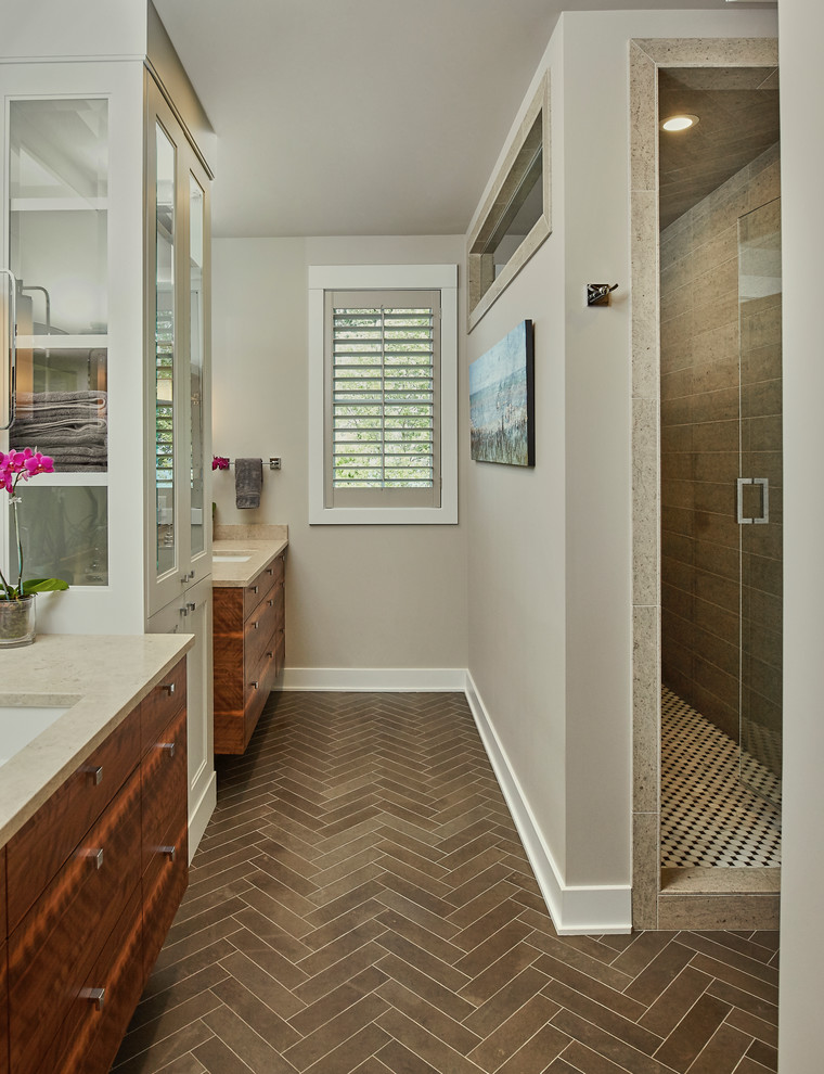 Design ideas for a large transitional bathroom in Grand Rapids with with a sauna, flat-panel cabinets, white cabinets, a corner shower, white tile, beige walls and an undermount sink.