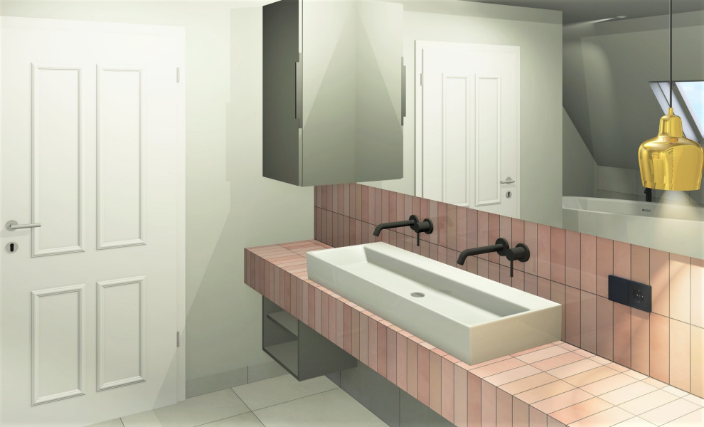 На фото: ванная комната среднего размера в современном стиле с отдельно стоящей ванной, инсталляцией, серой плиткой, каменной плиткой, серыми стенами, полом из цементной плитки, настольной раковиной, столешницей из плитки, серым полом, открытым душем, розовой столешницей и тумбой под одну раковину