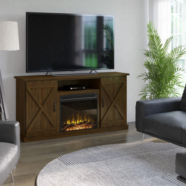 Rustic Farmhouse TV Stand with X-Barn Doors and Center Fireplace ...