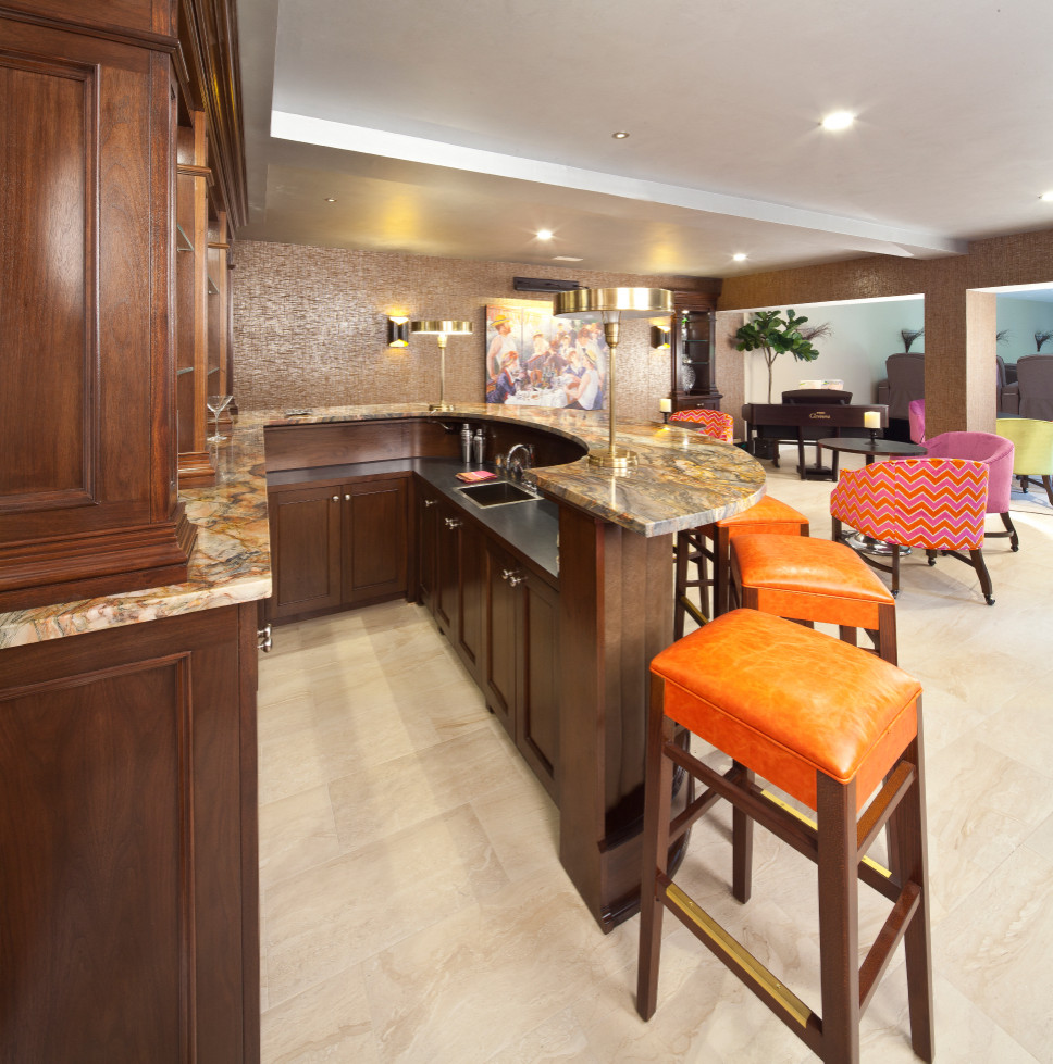 This is an example of a medium sized classic u-shaped breakfast bar in New York with a built-in sink, shaker cabinets, brown cabinets, engineered stone countertops, light hardwood flooring, brown floors and brown worktops.