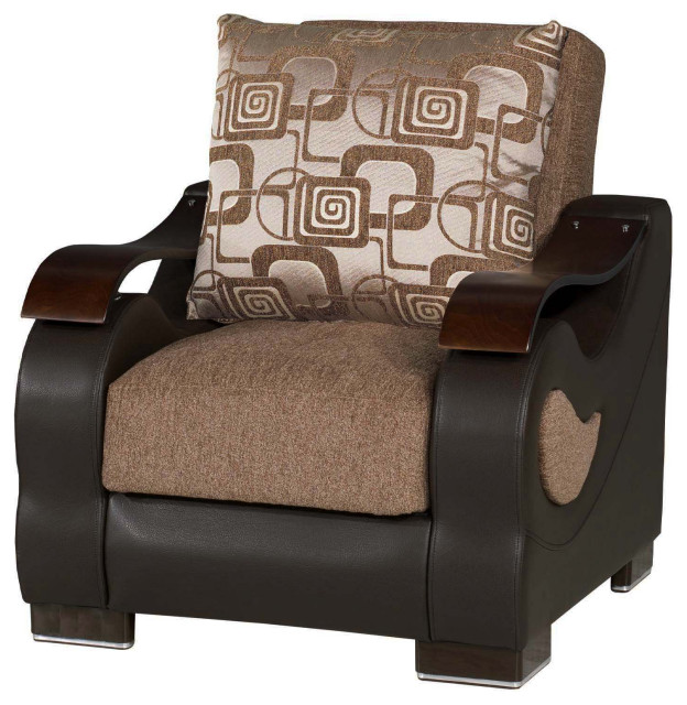 Modern Convertible Accent Chair, Chenille Seat & Curved Wooden Arms, Brown