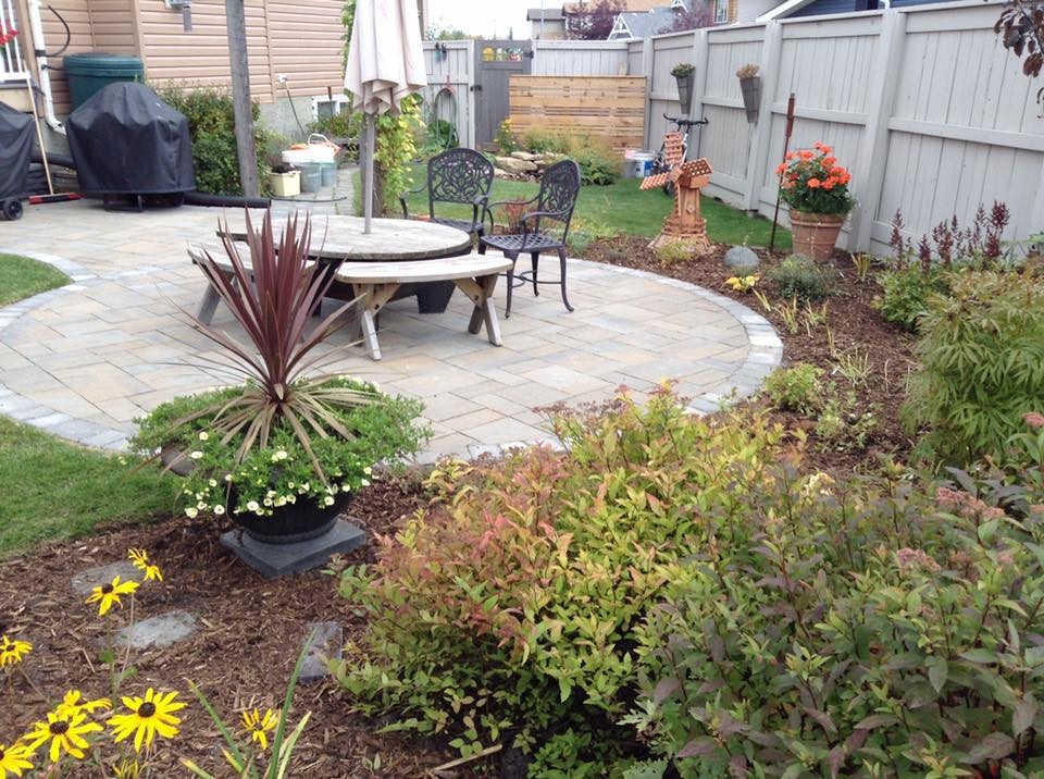 This is an example of a mid-sized modern backyard patio in Calgary with concrete pavers and no cover.