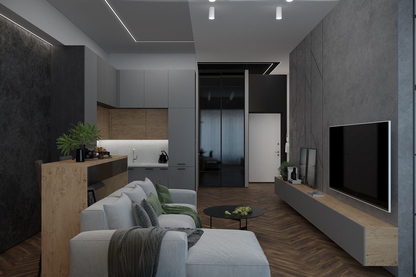 Кухня-гостиная в современном стиле в квартире