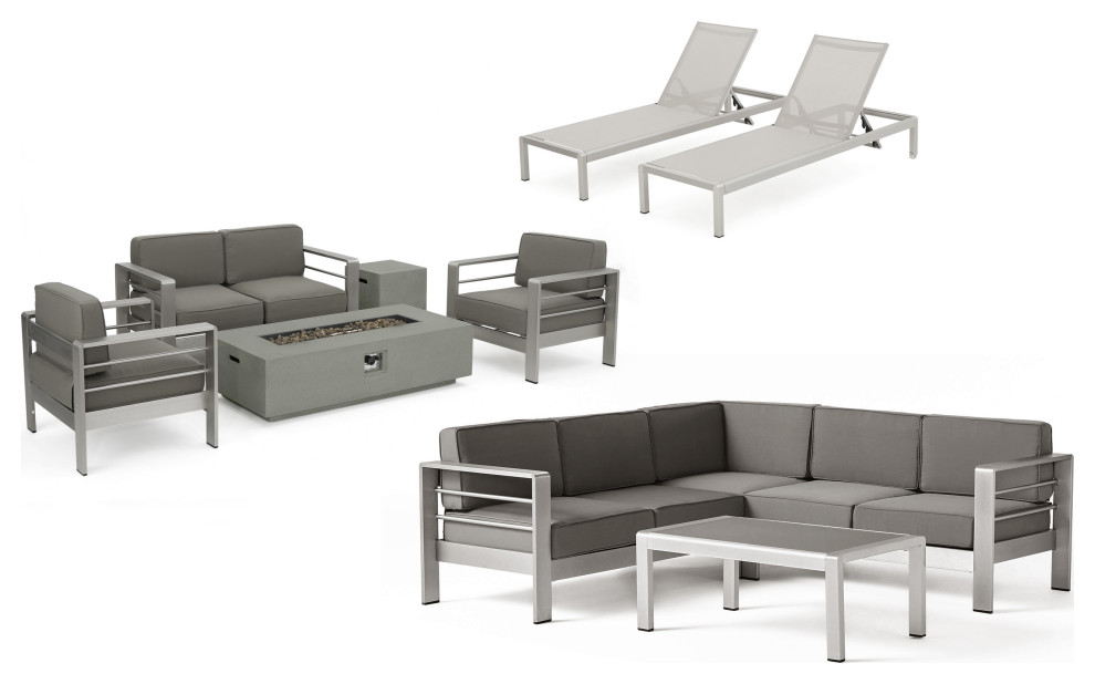 GDF Studio 10-Piece Outdoor Sectional Chat Set With Lounges and Fire Table, Light Gray
