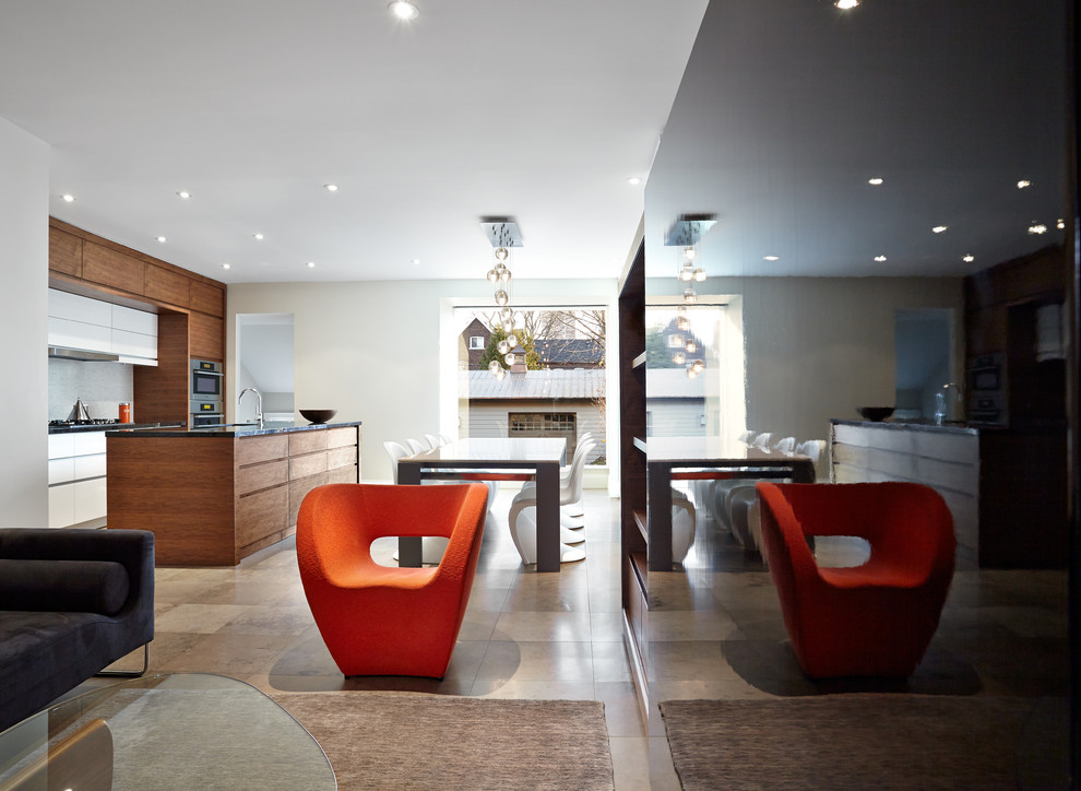 Modern open concept living room in Toronto with beige walls.