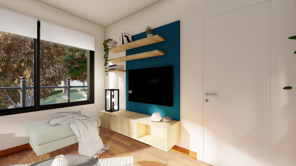 Esempio di un ampio soggiorno contemporaneo aperto con pareti beige, pavimento in legno massello medio, stufa a legna e TV a parete