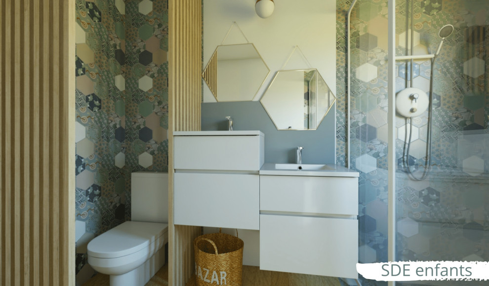 This is an example of a mid-sized beach style 3/4 bathroom in Paris with beaded inset cabinets, white cabinets, a curbless shower, a one-piece toilet, multi-coloured tile, stone tile, multi-coloured walls, bamboo floors, a wall-mount sink, laminate benchtops, beige floor, a sliding shower screen, white benchtops, an enclosed toilet, a double vanity and a floating vanity.