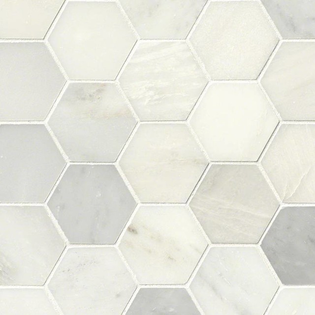 Greecian White Polished Hexagon Mosaic, Sample Traditional Wall And