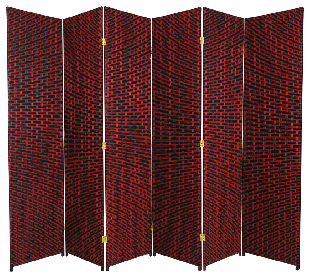 6' Tall Woven Fiber Room Divider, 6 Panel, Red/Black