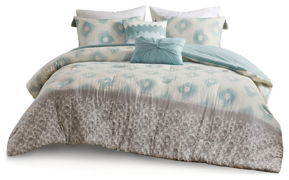 Madison Park Cotton Gauze Printed 5 Piece Comforter Set With Aqua MP10