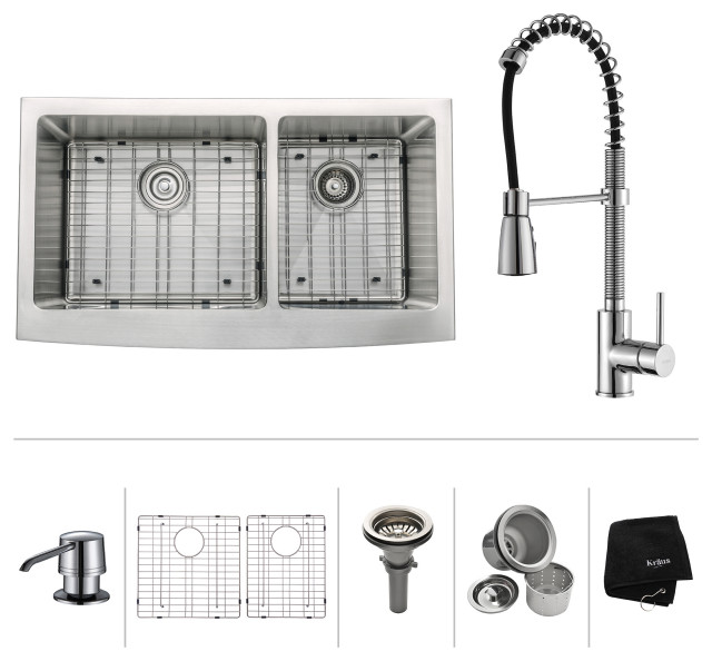 Kraus 36" Farmhouse 60/40 Kitchen Sink St Steel, Faucet With Dispenser, Chrome
