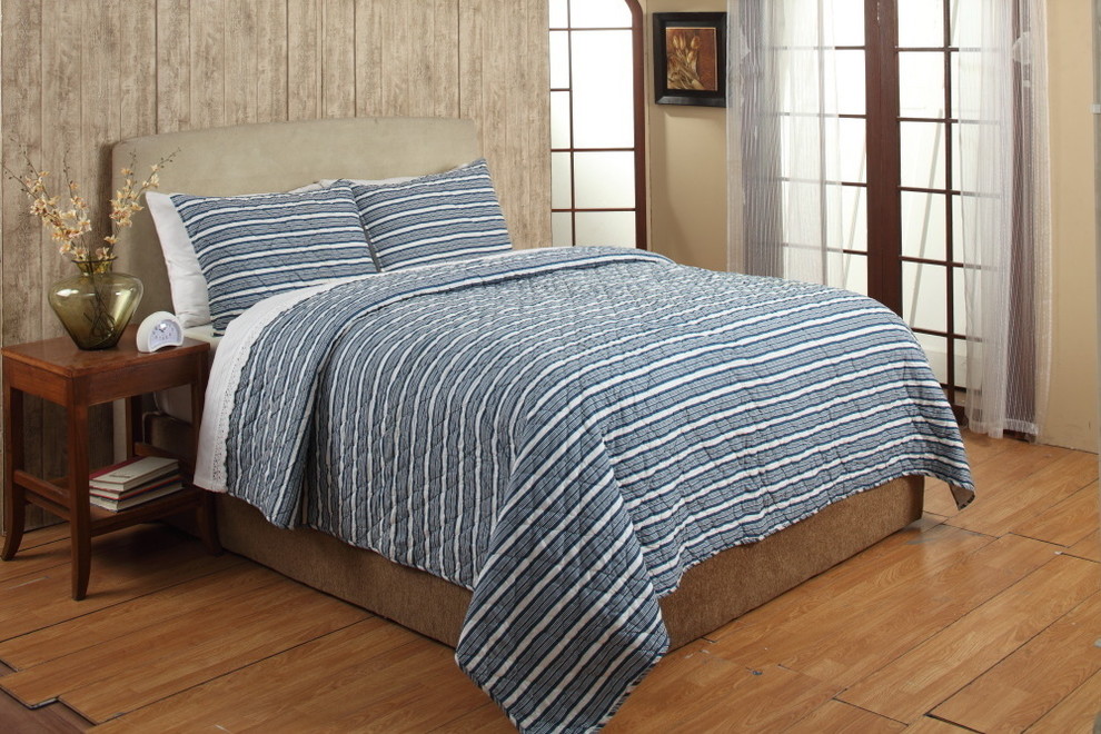 Riker Blue Stripe Cotton 3-piece Quilt Set