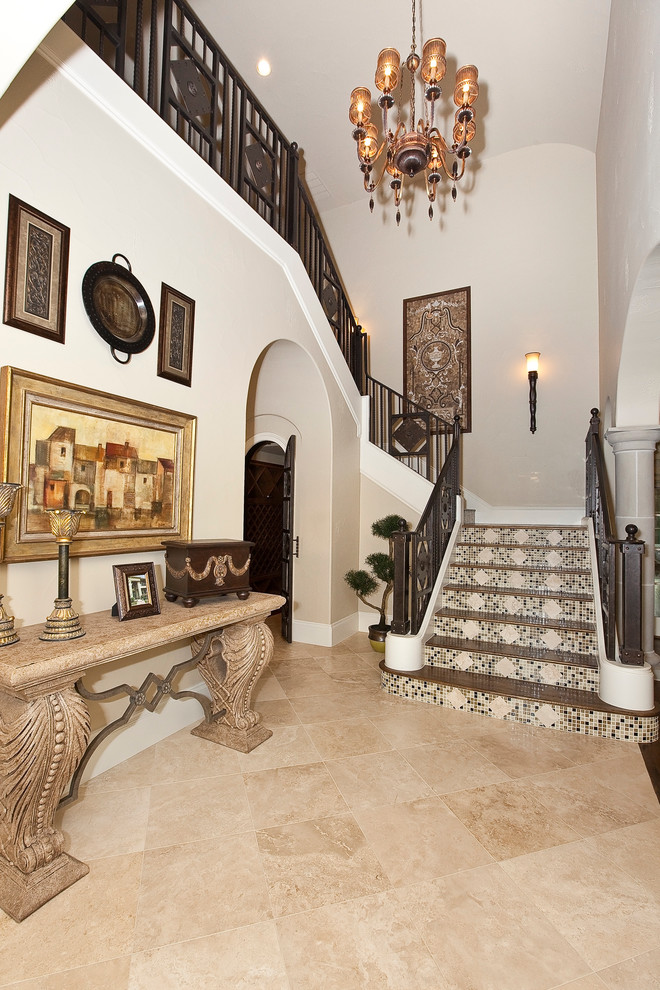 Photo of a traditional staircase in Dallas with tile risers.