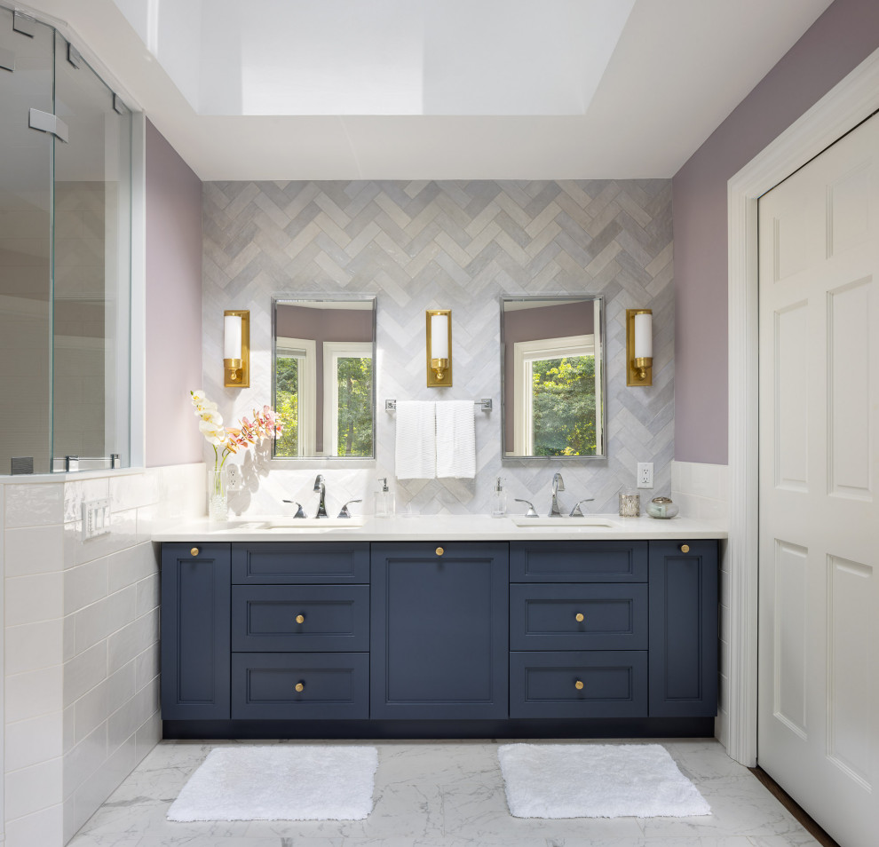 Bathroom - mid-sized transitional master multicolored tile and cement tile ceramic tile, white floor, double-sink and vaulted ceiling bathroom idea in Other with recessed-panel cabinets, blue cabinets, a bidet, purple walls, an undermount sink, quartz countertops, a hinged shower door, white countertops and a built-in vanity