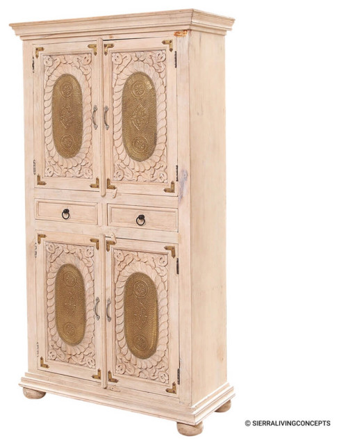 Brass Inlay 2 Drawer Solid Wood Armoire