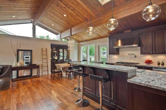 Open Concept Kitchen With Vaulted Wood Ceiling