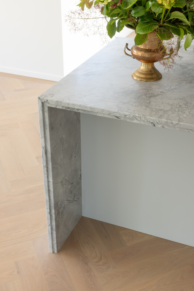 Design ideas for a Large modern Single-wall eat-in kitchen in Christchurch With an Undermount Sink, Recessed-panel Cabinets, Grey Cabinets, Marble Benchtops, Multi-Coloured Splashback, Marble Splashback, Stainless Steel Appliances, Light Hardwood Floors, with Island, Brown Floor and Multi-Coloured Benchtop.