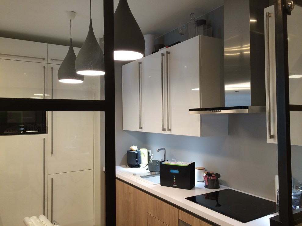 Photo of a mid-sized contemporary single-wall separate kitchen in Paris with an integrated sink, white cabinets, wood benchtops, panelled appliances, ceramic floors and no island.