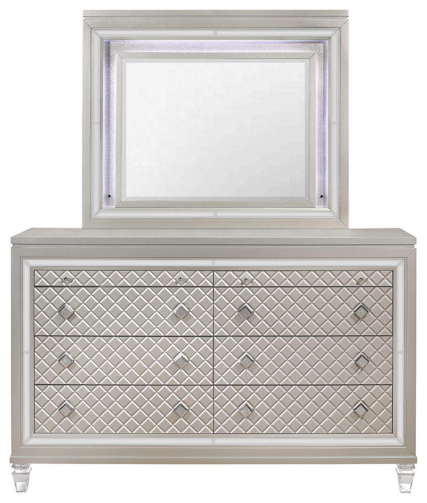Champagne Toned Dresser With Tapered Acrylic Legs and 2 Jewelry Drawers