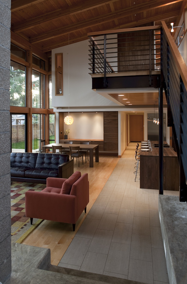 Large contemporary living room in Portland.