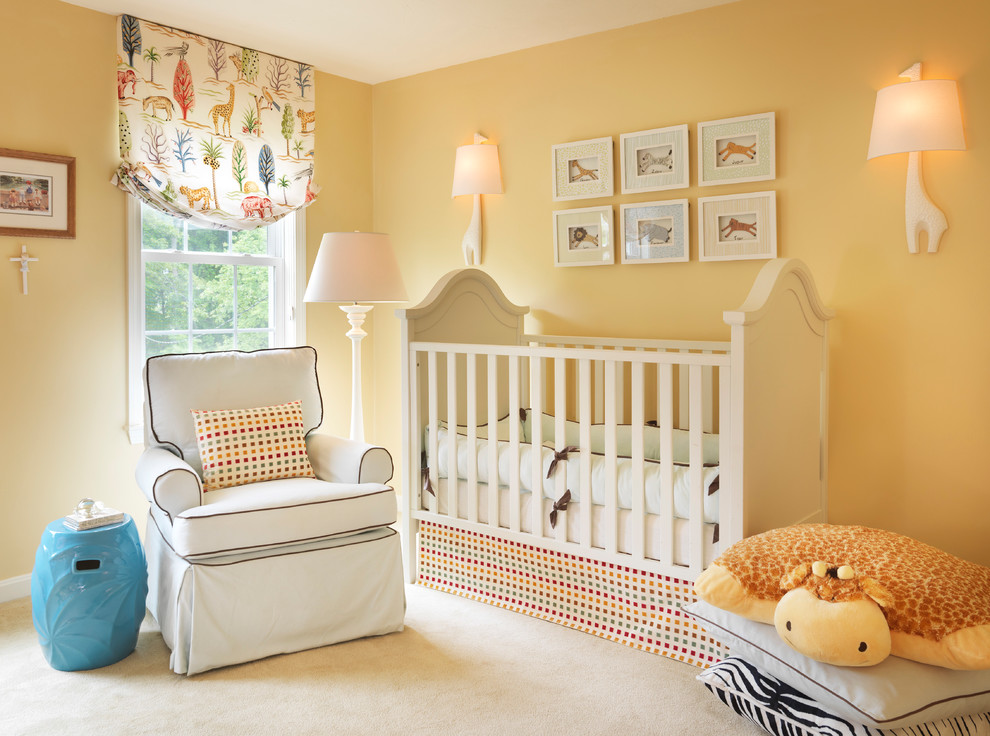 Mid-sized traditional gender-neutral nursery in Boston with yellow walls, carpet and beige floor.