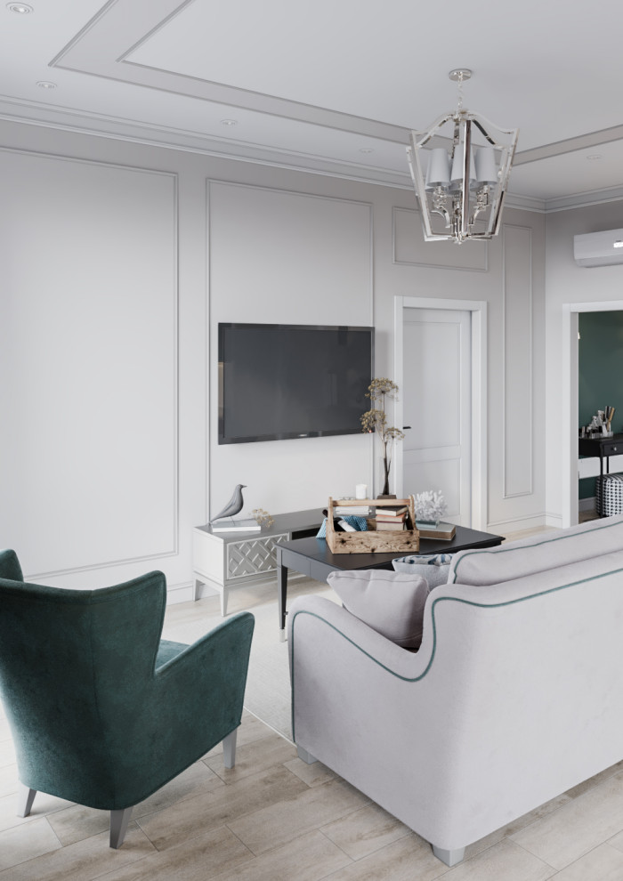 Дизайн интерьера в неоклассике с зелеными акцентами