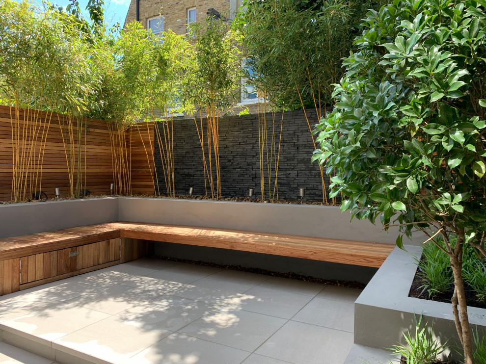Small contemporary backyard garden in London with a wood fence.