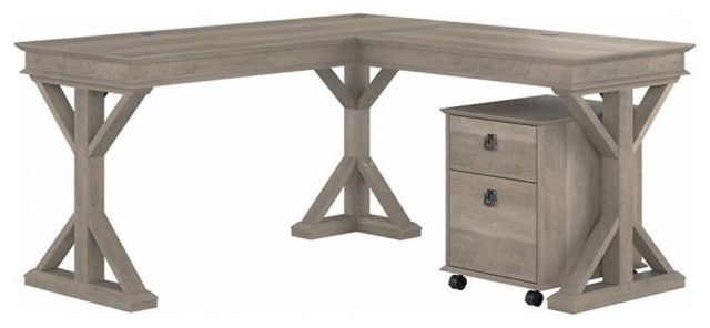 Homestead 60W L Shaped Desk with Drawers in Driftwood Gray - Engineered Wood