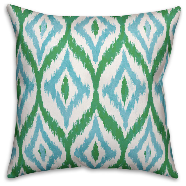 "Green Summer Ikat" Outdoor Throw Pillow, 18"x18" Mediterranean