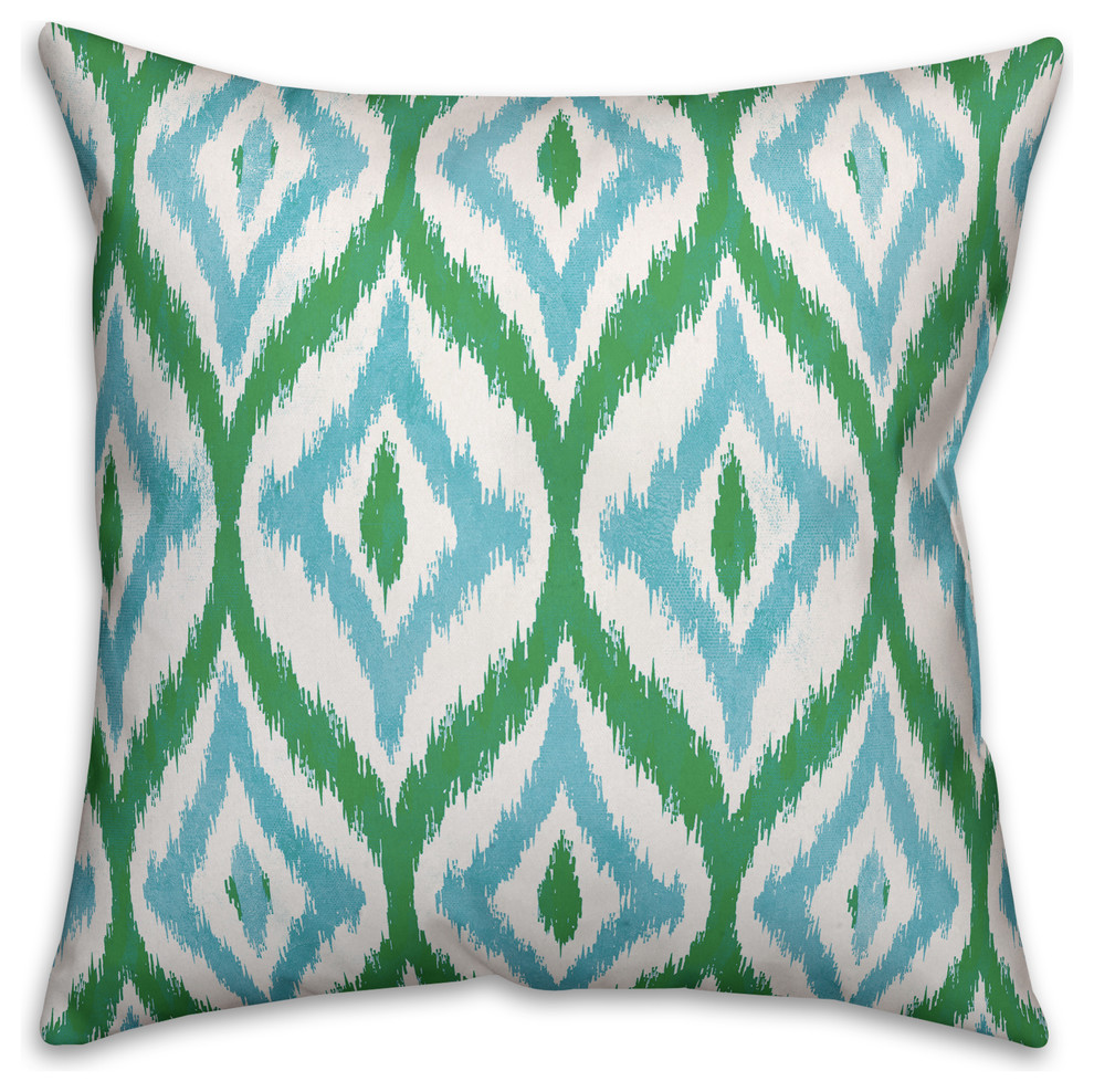 "Green Summer Ikat" Outdoor Throw Pillow, 18"x18" Mediterranean