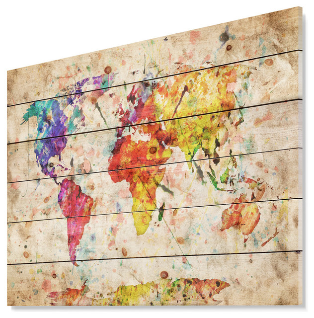 Designart Vintage World Map Watercolor Map Wood Wall Art Contemporary Prints And Posters By Design Art Usa