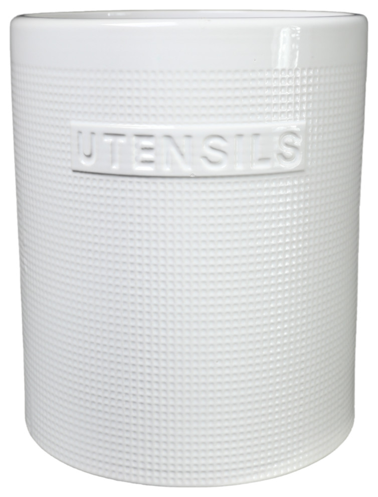 Round Ceramic Utensil Jar Gloss White Finish Contemporary Utensil