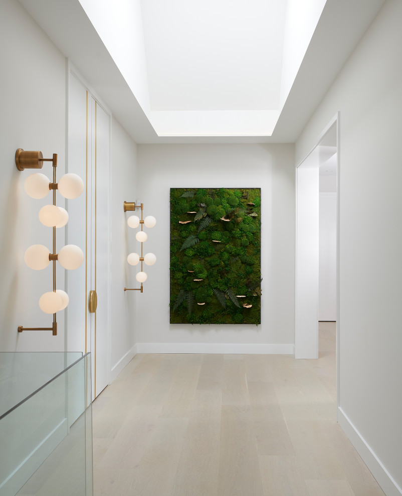 Idées déco pour un grand couloir contemporain avec un mur blanc, parquet clair et un sol beige.