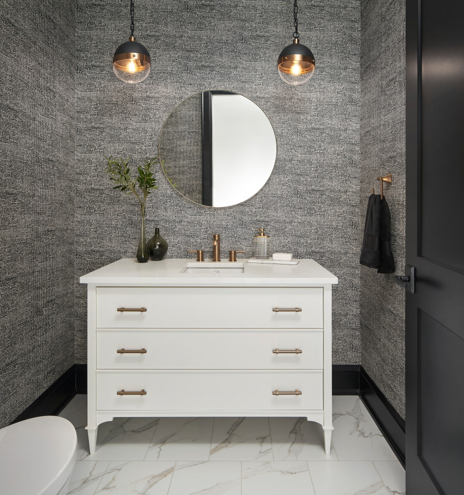 This is an example of a mid-sized powder room in Toronto with flat-panel cabinets, white cabinets, ceramic floors, an undermount sink, engineered quartz benchtops, white floor, white benchtops, a freestanding vanity and wallpaper.