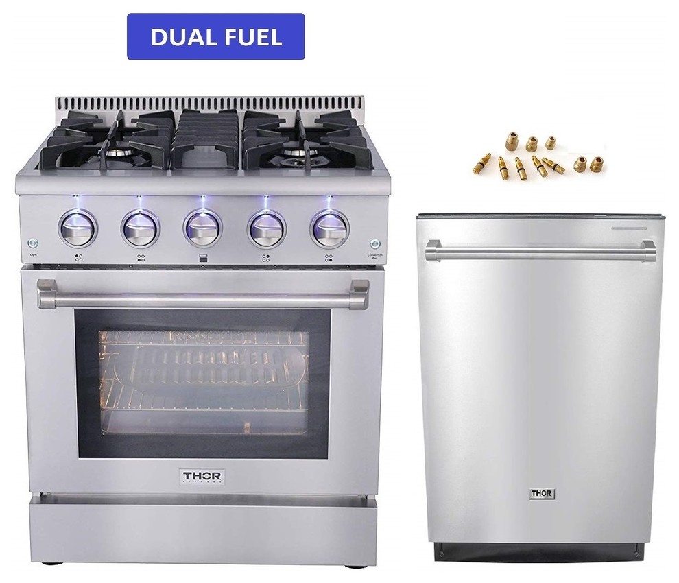 Thor Kitchen 30" Dual Fuel Range & 24" Dishwasher Contemporary Gas