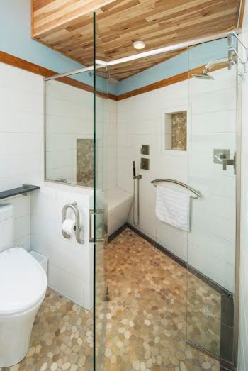 This is an example of a contemporary bathroom in Minneapolis with an alcove shower, a bidet, white tile, porcelain tile, blue walls and a hinged shower door.