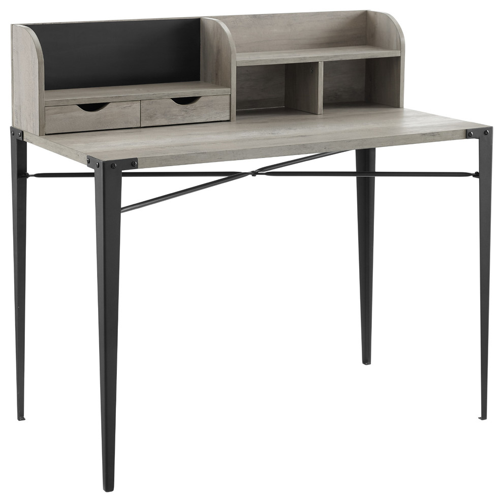 42" Industrial Secretary Desk With Hutch, Gray Wash Industrial