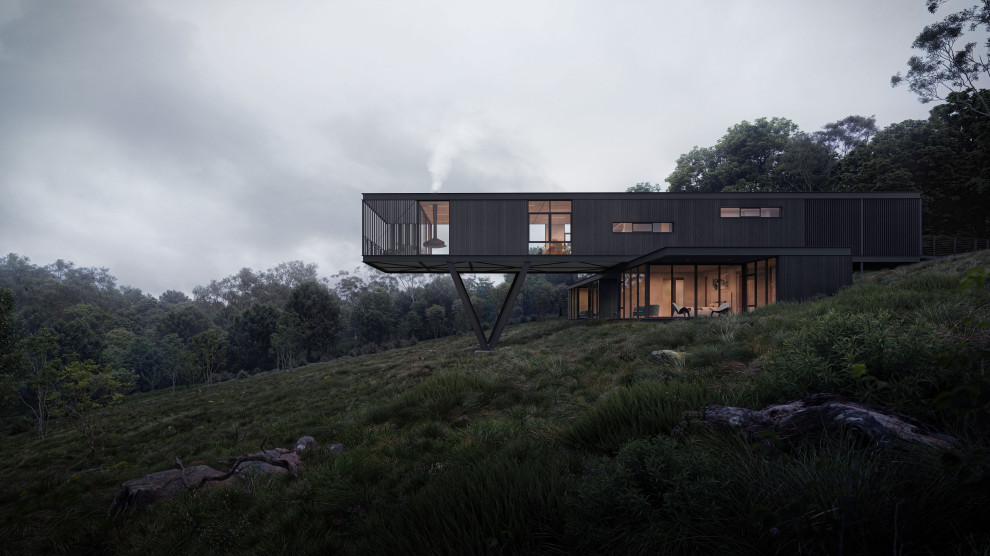 Стильный дизайн: деревянный, большой, двухэтажный, черный частный загородный дом в стиле кантри с плоской крышей, металлической крышей, черной крышей и отделкой доской с нащельником - последний тренд