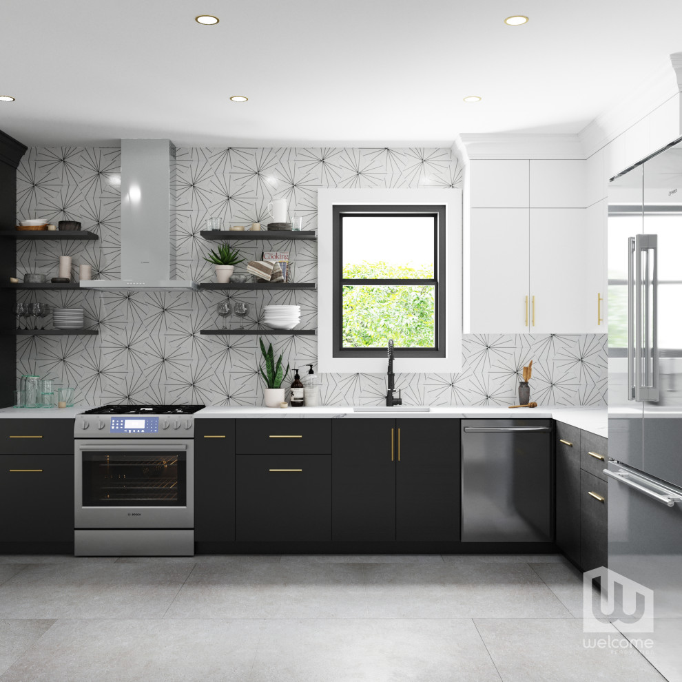 Small traditional l-shaped separate kitchen in Los Angeles with an undermount sink, flat-panel cabinets, black cabinets, quartz benchtops, multi-coloured splashback, cement tile splashback, stainless steel appliances, concrete floors, no island, grey floor and white benchtop.