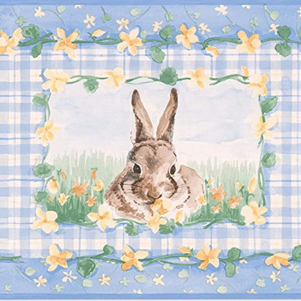Vintage Rabbits Wallpaper Border Garden Blue Yellow Brown 7"x15' SM516B