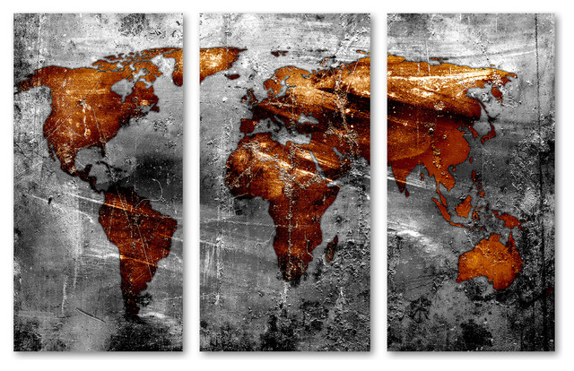Copper Gray World Map Canvas Print Wall Art 3 Panel Split, Triptych ...