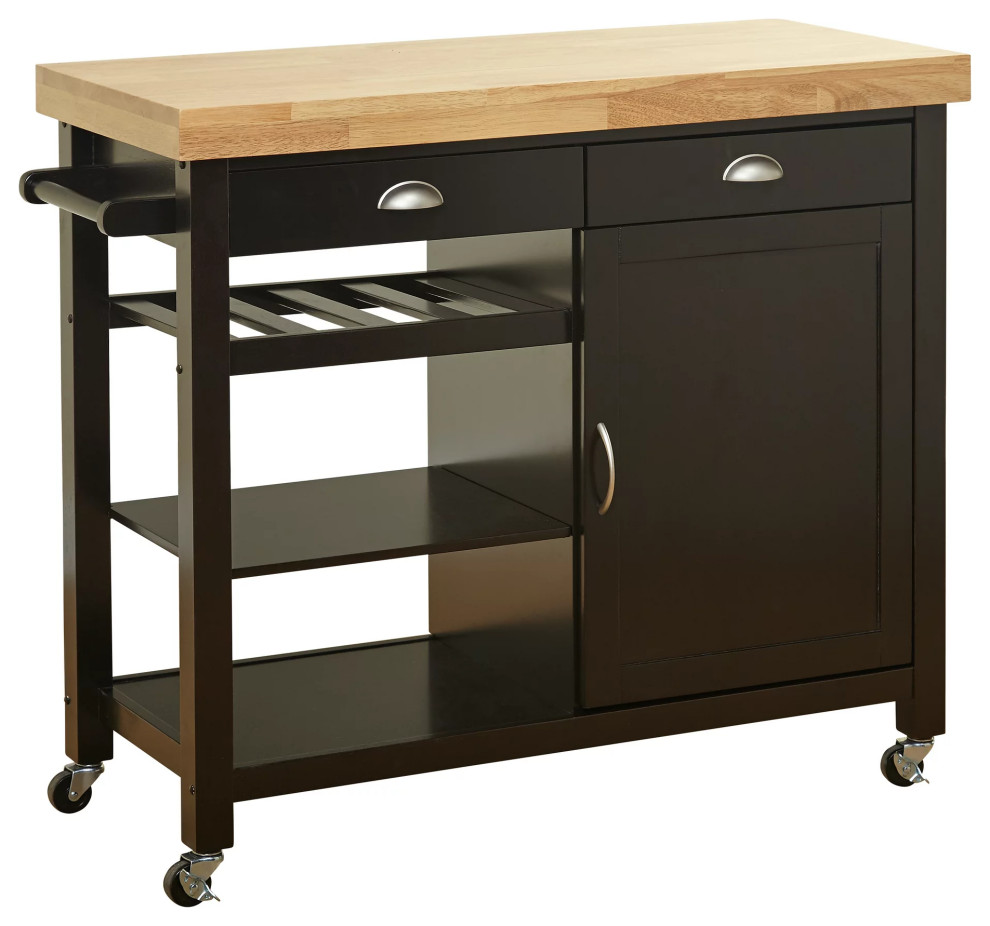 Modern Kitchen Cart, 3 Open Shelves & Storage Drawers With Natural Top Transitional Kitchen
