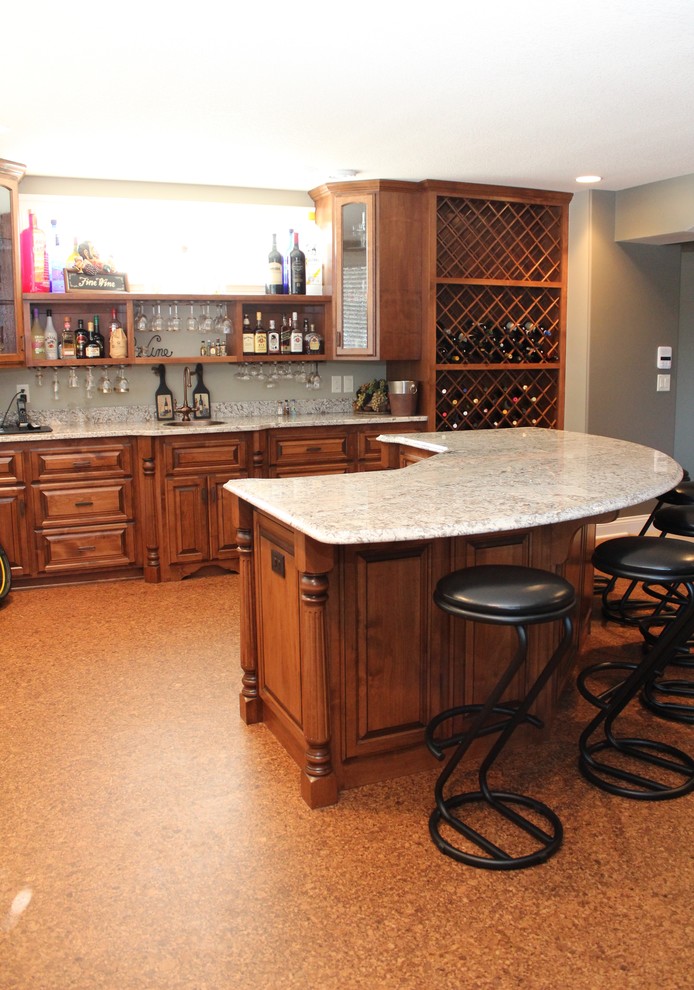 Inspiration for a large traditional wine cellar in Minneapolis with cork floors, storage racks and orange floor.